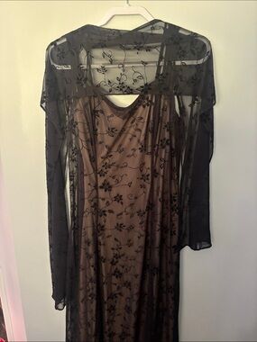 Sheer Black Lace Overlay on Brown Slip Wedding Dress